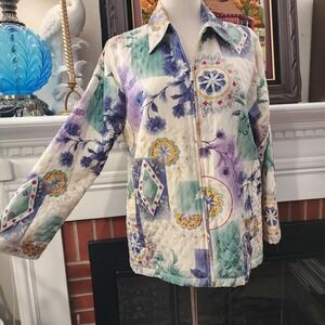 Alfred Dunner Vintage 80s Quilted Silk Jacket Abstract Floral Jewel Tone 12